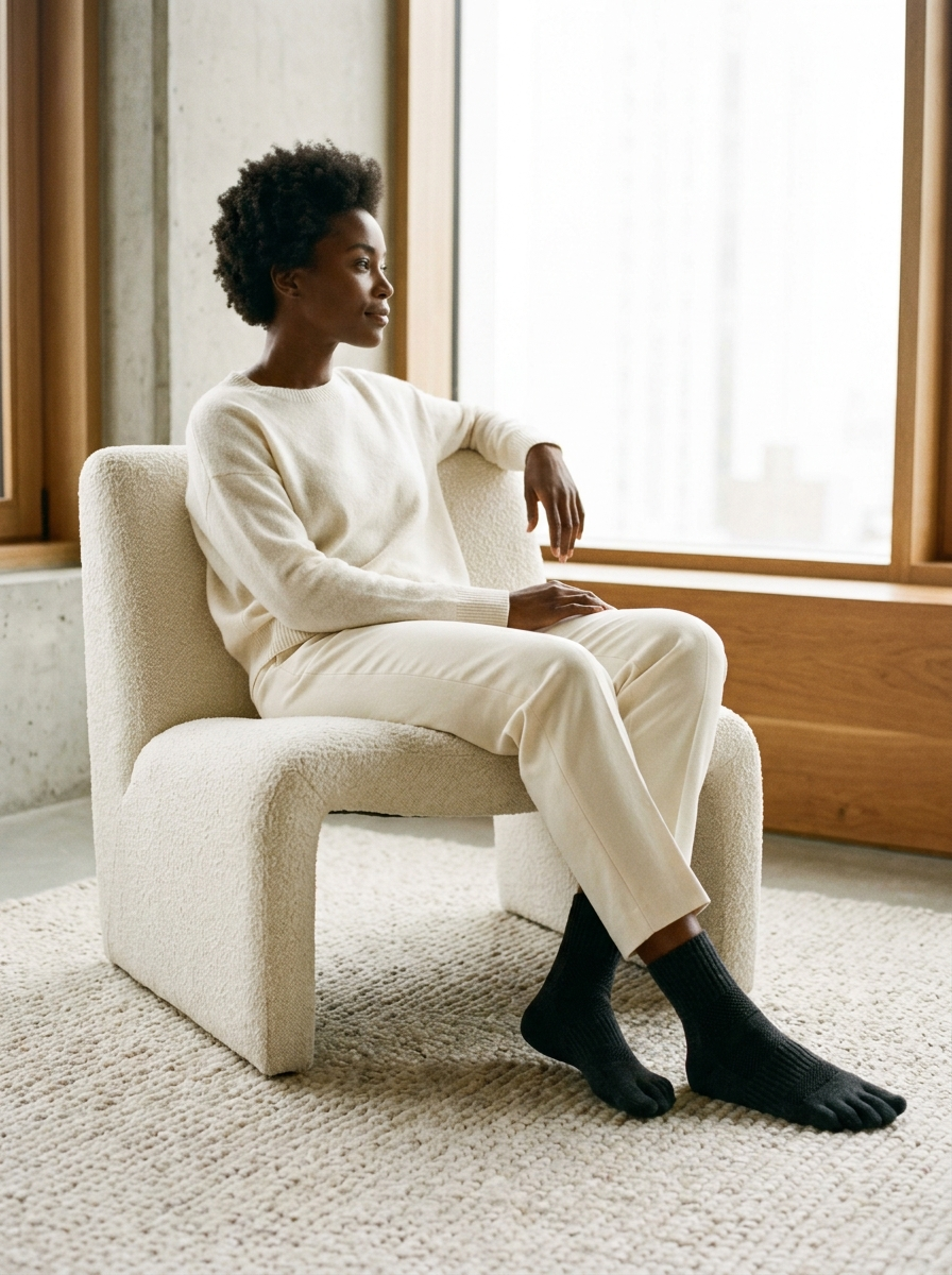 ROMATOKI merino five-toe socks worn, look 8