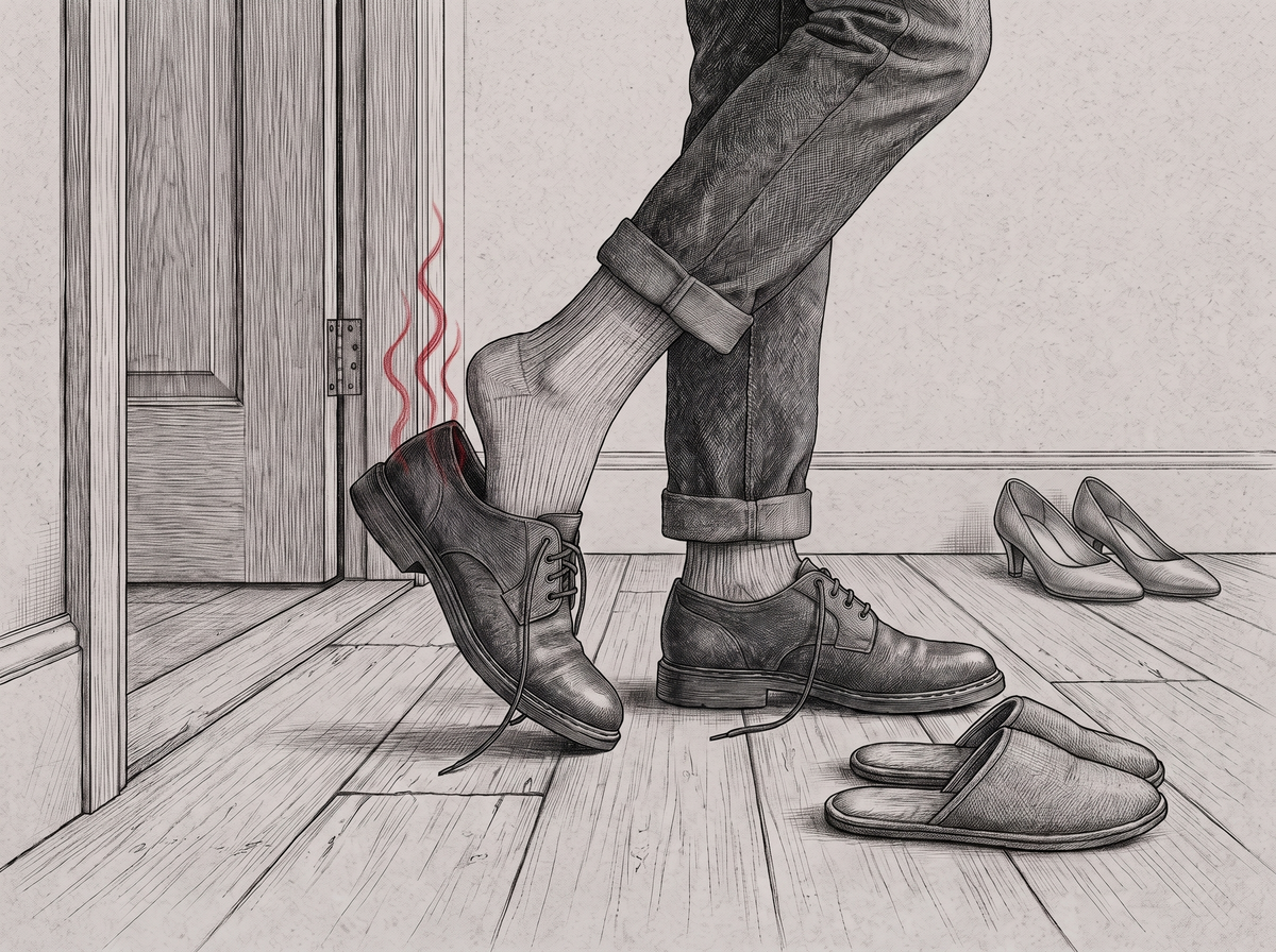 Graphite illustration at floor level in a woman's entrance hall: a male visitor prying one leather shoe half off with his other foot, the heel already out and his plain sock exposed, red odour lines rising from the opened shoe, with a pair of women's heels and a pair of guest slippers on the floor nearby.