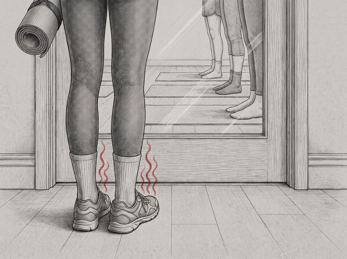 Graphite illustration at floor level: a woman's legs in yoga leggings, athletic socks and still-laced trainers waiting outside a glass studio door, red odour lines rising from her trainers, others already inside in plain socked feet beyond the glass.