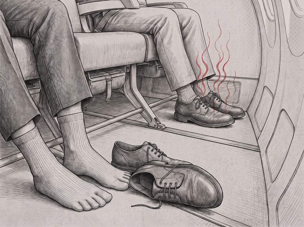 Graphite illustration at floor level in an airliner cabin: one passenger has their shoes off in plain five-toe socks, the passenger beside them is still in laced shoes with red odour lines rising from them.