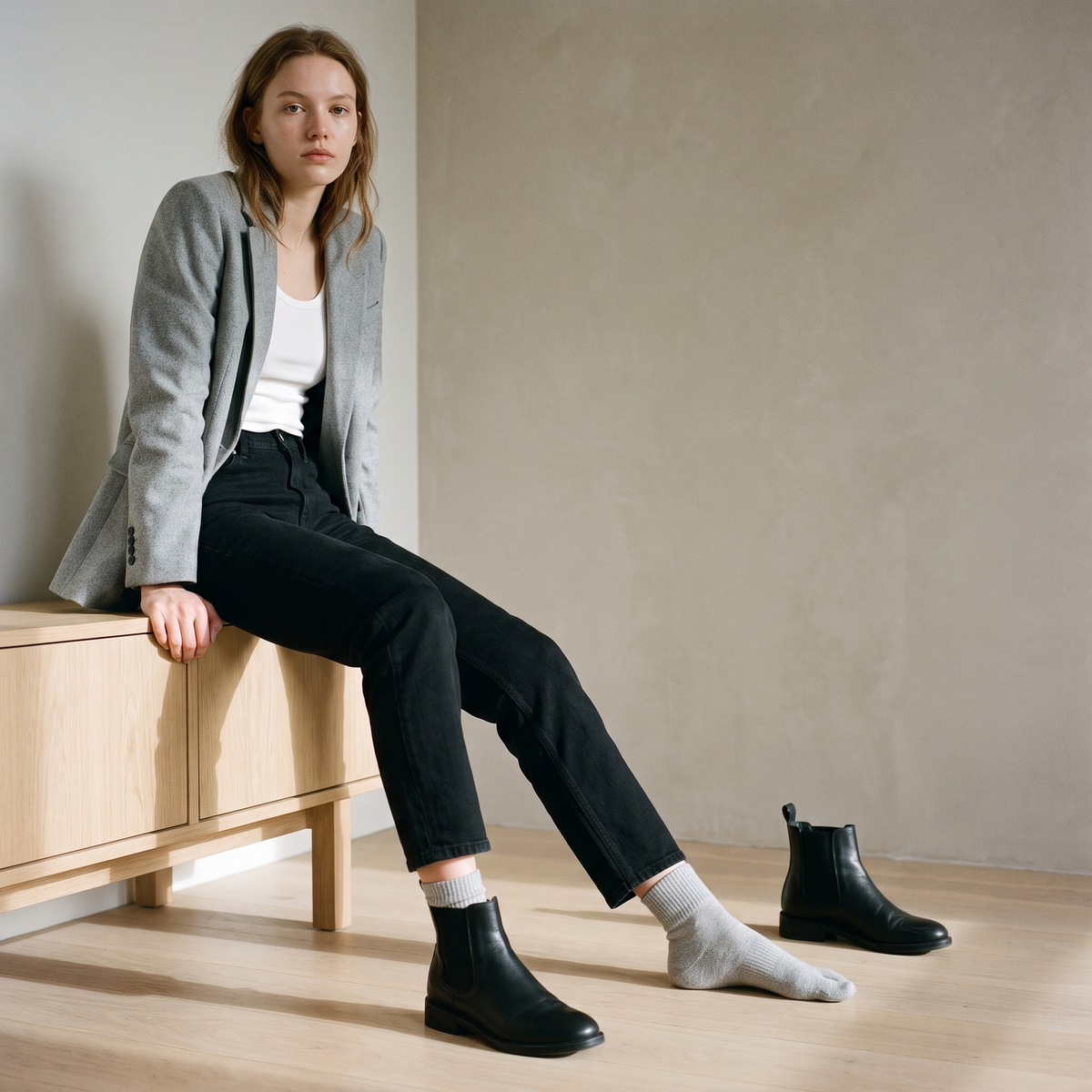 Woman in a grey blazer styling grey socks with black ankle boots
