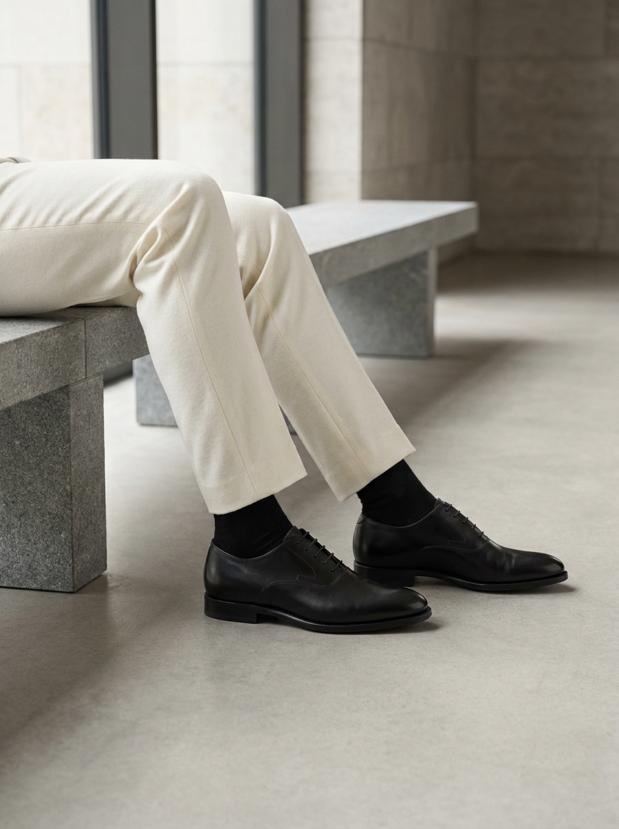 Black ROMATOKI toe socks showing between cream trousers and black leather derby shoes.