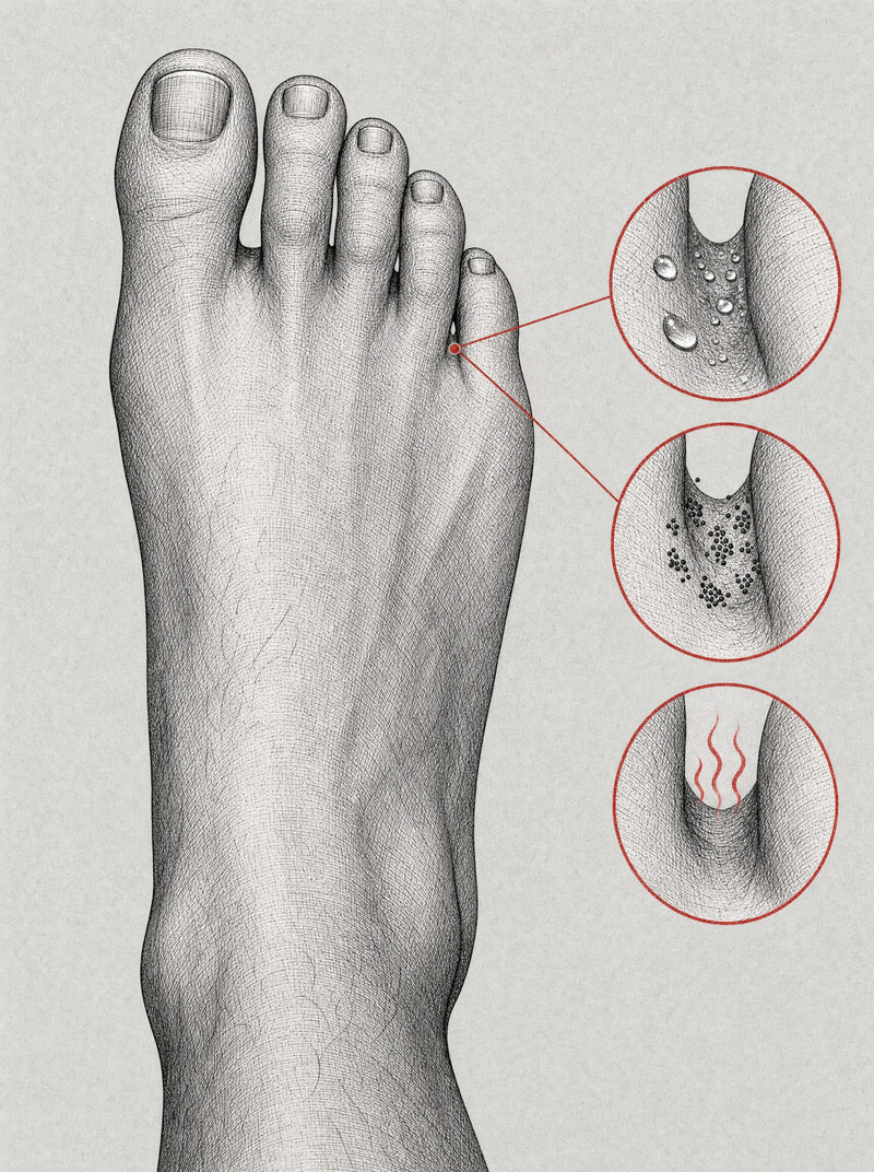 Engraving-style diagram of a foot showing how moisture trapped between the toes lets bacteria break down sweat into odor — with moisture, bacteria and odor callouts